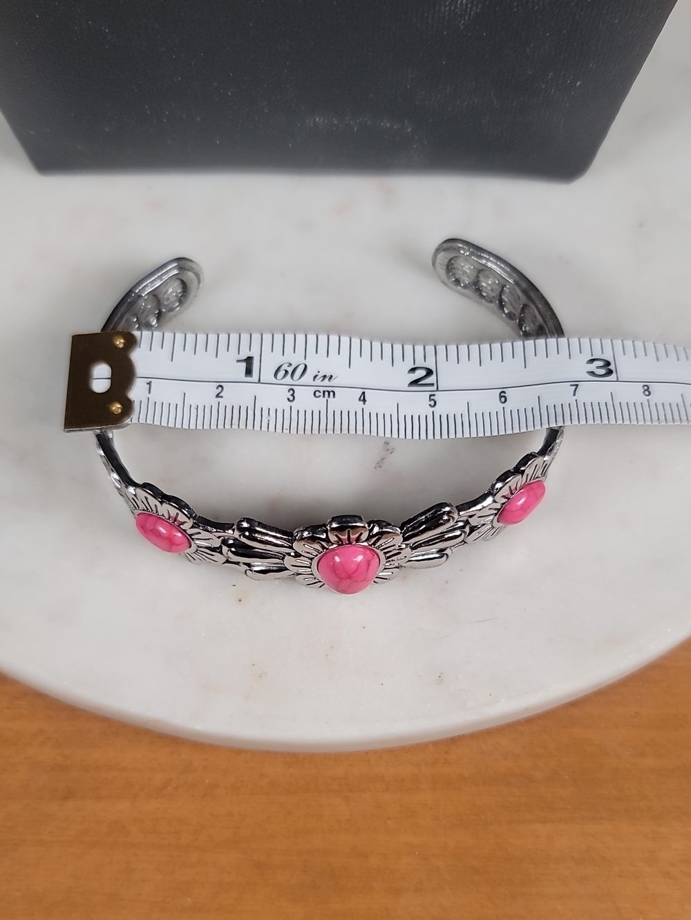 Pink Stone Silver Floral Cuff Bracelet - Picture 3 of 4